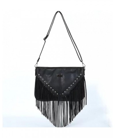 Casual Rivets Fringed Shoulder Handbag for Women,Soft Vegan Leather Hippie Crossbody Purse Bag Hobo Bag A-black $17.57 Crossb...