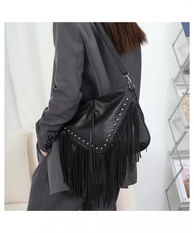 Casual Rivets Fringed Shoulder Handbag for Women,Soft Vegan Leather Hippie Crossbody Purse Bag Hobo Bag A-black $17.57 Crossb...