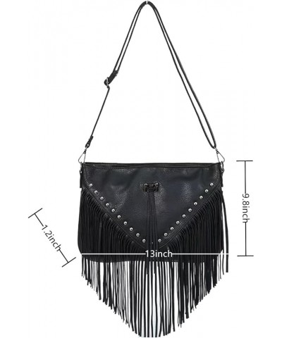 Casual Rivets Fringed Shoulder Handbag for Women,Soft Vegan Leather Hippie Crossbody Purse Bag Hobo Bag A-black $17.57 Crossb...