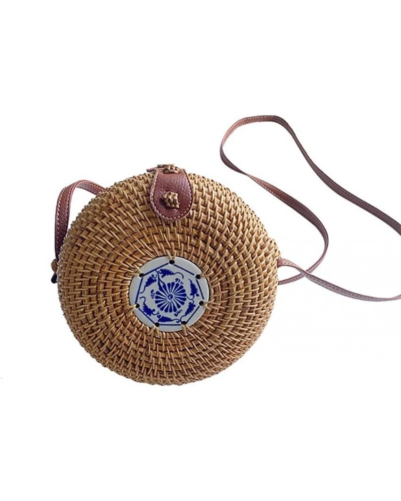 Handwoven Round Rattan Bag, Summer Beach Shoulder Leather Straps Natural Rattan Chic HandBag Rattan Crossbody Bag for Women E...