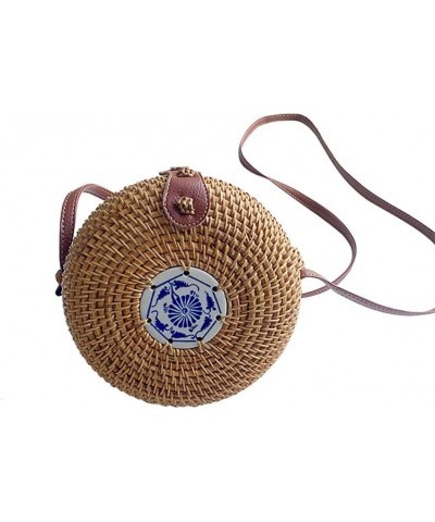 Handwoven Round Rattan Bag, Summer Beach Shoulder Leather Straps Natural Rattan Chic HandBag Rattan Crossbody Bag for Women E...