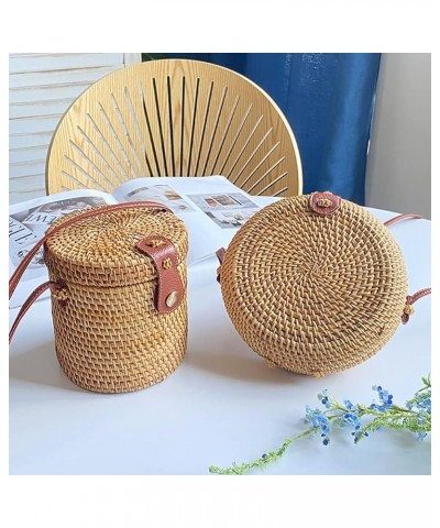 Handwoven Round Rattan Bag, Summer Beach Shoulder Leather Straps Natural Rattan Chic HandBag Rattan Crossbody Bag for Women E...