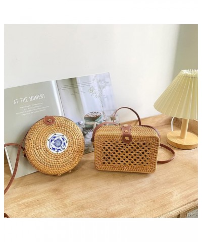 Handwoven Round Rattan Bag, Summer Beach Shoulder Leather Straps Natural Rattan Chic HandBag Rattan Crossbody Bag for Women E...