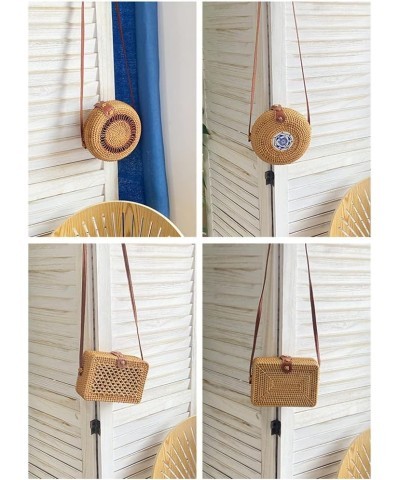 Handwoven Round Rattan Bag, Summer Beach Shoulder Leather Straps Natural Rattan Chic HandBag Rattan Crossbody Bag for Women E...