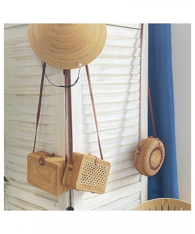 Handwoven Round Rattan Bag, Summer Beach Shoulder Leather Straps Natural Rattan Chic HandBag Rattan Crossbody Bag for Women E...