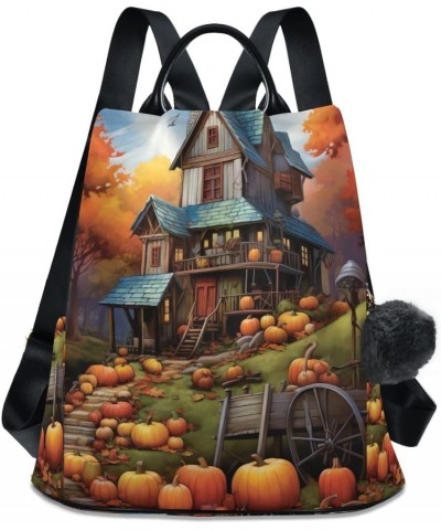 Halloween Icons in White Fashion Backpack Purse for Women Back Zipper Pocket Design Village House and Pumpkin $18.86 Backpacks