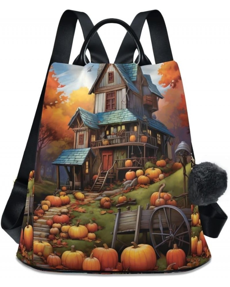 Halloween Icons in White Fashion Backpack Purse for Women Back Zipper Pocket Design Village House and Pumpkin $18.86 Backpacks