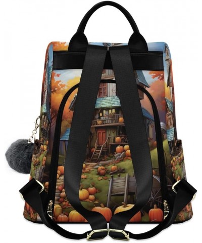 Halloween Icons in White Fashion Backpack Purse for Women Back Zipper Pocket Design Village House and Pumpkin $18.86 Backpacks