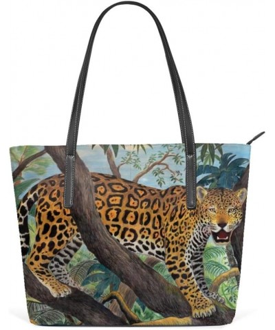 Top Handle Tote Bag PU Leather Shoulder Bag Jaguar In The Jungle Messenger Bag for Women Ladies Girls $19.92 Shoulder Bags