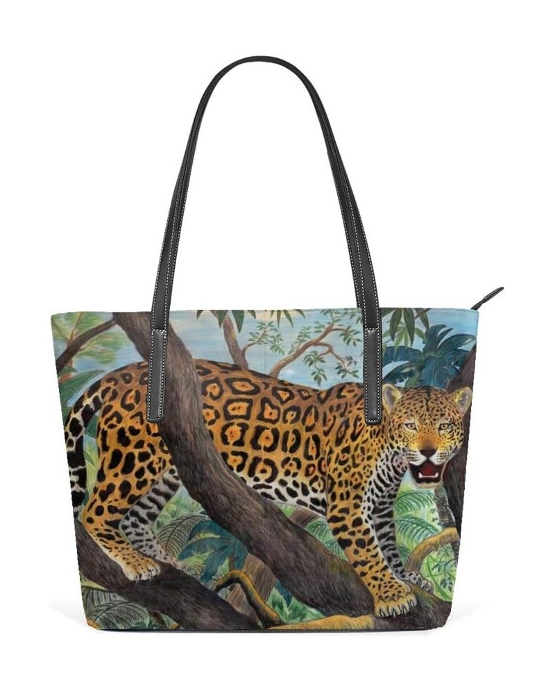 Top Handle Tote Bag PU Leather Shoulder Bag Jaguar In The Jungle Messenger Bag for Women Ladies Girls $19.92 Shoulder Bags