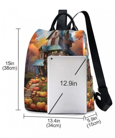 Halloween Icons in White Fashion Backpack Purse for Women Back Zipper Pocket Design Village House and Pumpkin $18.86 Backpacks