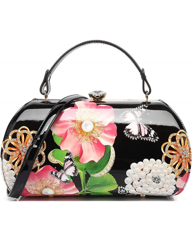 FLORAL FAUX PATENT LEATHER SATCHEL Balck $24.91 Crossbody Bags