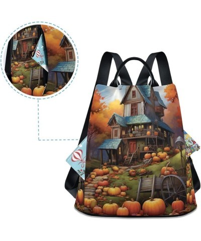 Halloween Icons in White Fashion Backpack Purse for Women Back Zipper Pocket Design Village House and Pumpkin $18.86 Backpacks