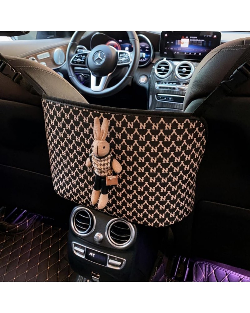 Red-Bow 3D-Rabbit Car Organizer Storage Houndstooth Diamond-Shaped Lattice Car Handbag Holder Between Car's Front Seats Car A...