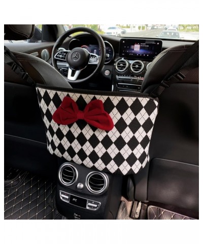 Red-Bow 3D-Rabbit Car Organizer Storage Houndstooth Diamond-Shaped Lattice Car Handbag Holder Between Car's Front Seats Car A...