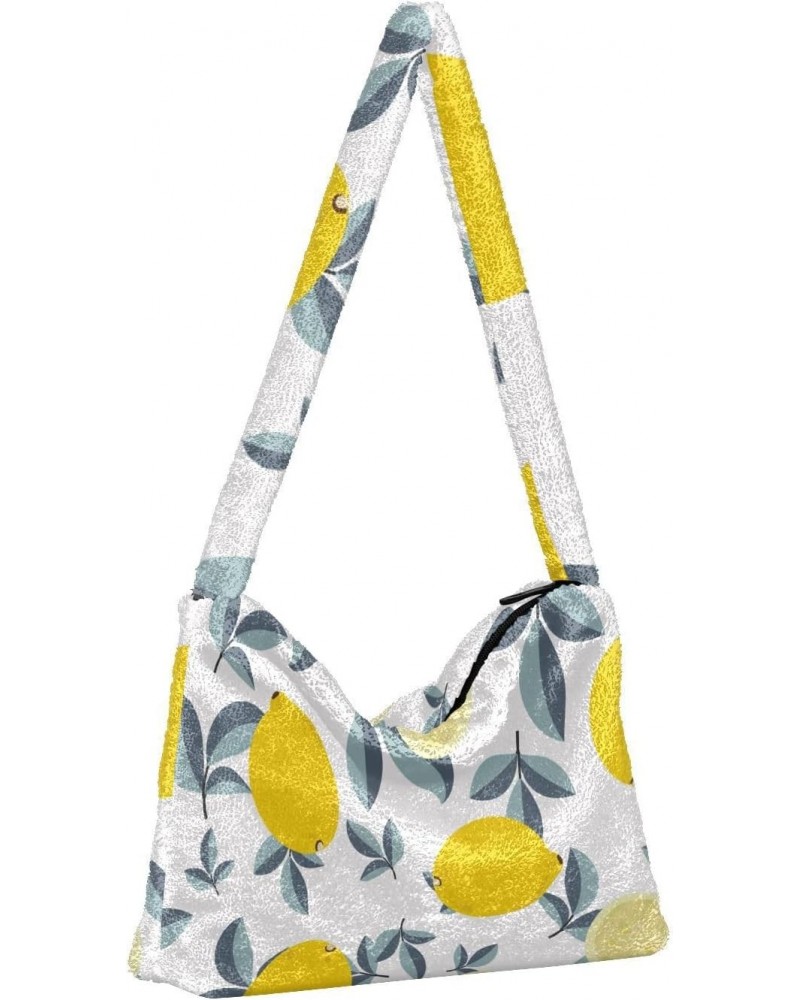 Fruit Women Boho Handbag Dark Blue Leaves Lemon Underarm Bag Tote Bag Shoulder Bag Crossbody Bag Fluffy Cell Phone Purse Patr...