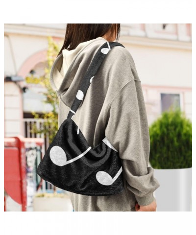 Plush Underarm Bag-Black Music Symbol, Ladies Fluffy Shoulder Bag, Women Fluffy Tote Bag for Autumn and Winter $9.69 Totes