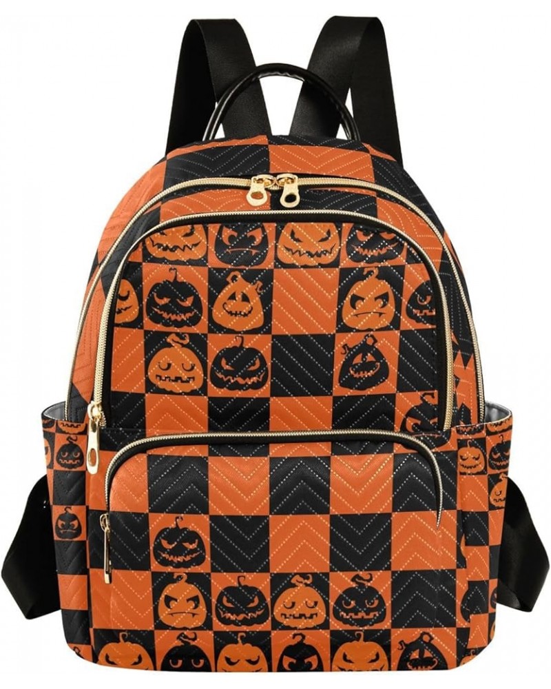 Halloween Women Backpack Jack-o-lantern Black Orange Plaid Anti-Theft Travel Backpack with Luggage Belt Durable Lightweight H...