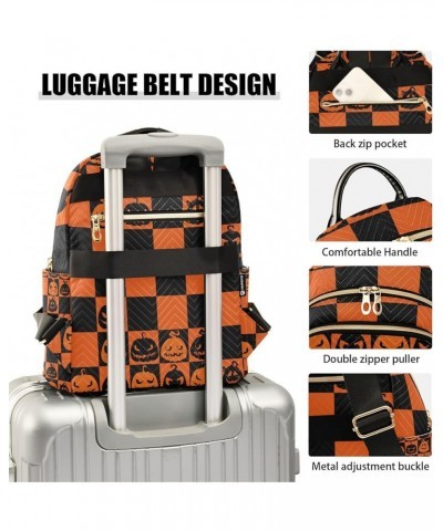 Halloween Women Backpack Jack-o-lantern Black Orange Plaid Anti-Theft Travel Backpack with Luggage Belt Durable Lightweight H...