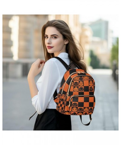 Halloween Women Backpack Jack-o-lantern Black Orange Plaid Anti-Theft Travel Backpack with Luggage Belt Durable Lightweight H...