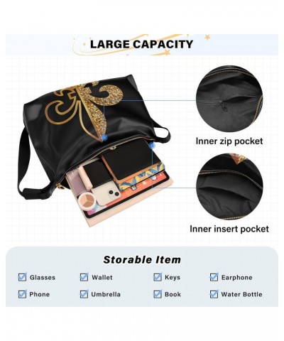 Mardi Gras Women Boho Bag Fleur De Lis Golden Glitter Shoulder Bag PU Leather Pouch Crossbody Bag Large Tote Handbag For Quic...