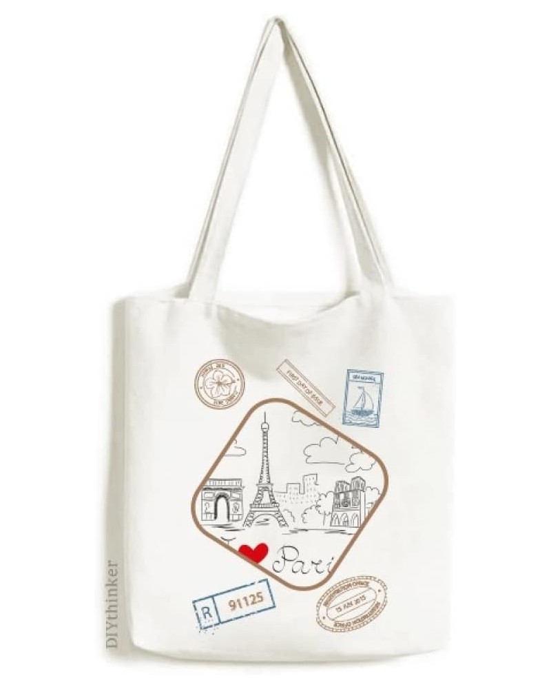 I Love Paris France Eiffel Tower Line Stamp Shopping Ecofriendly Storage Canvas Tote Bag $12.40 Totes