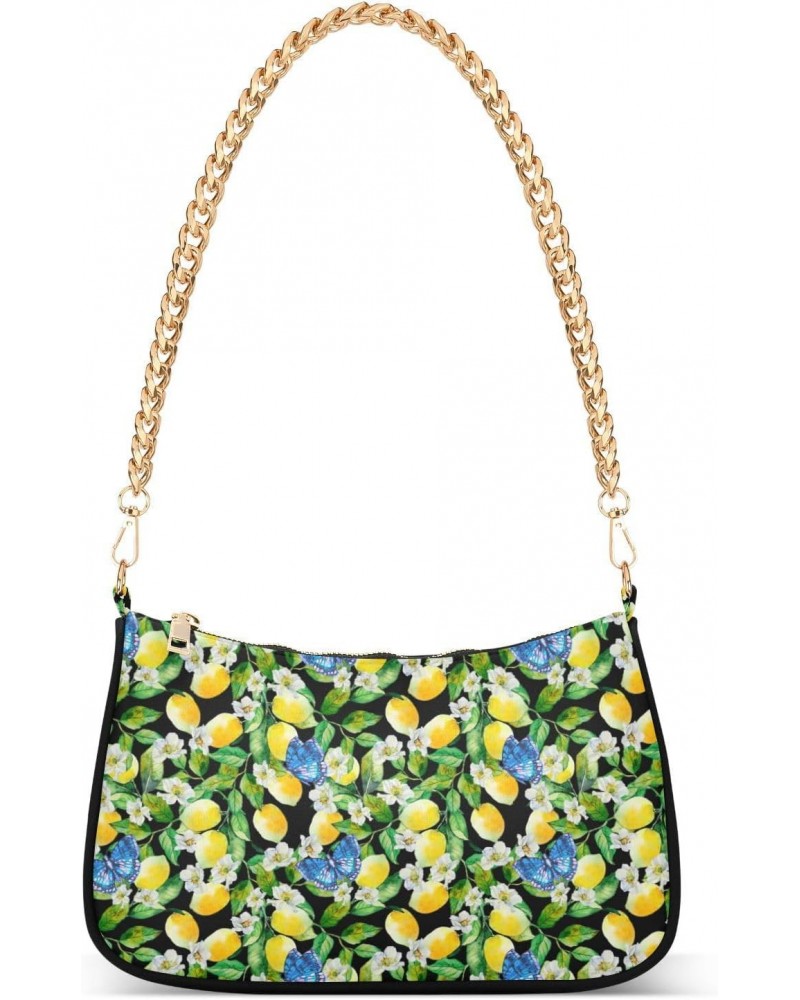 Women Chain Shoulder Purse Bag With Zipper Lemon Flower Print, Blue Butterfly Hobo Tote Clutch Handbags with Chain Strap $12....