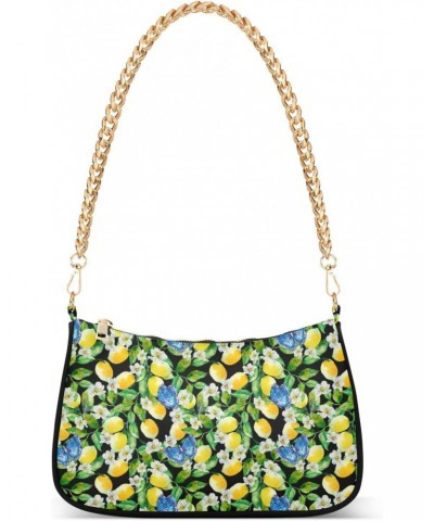 Women Chain Shoulder Purse Bag With Zipper Lemon Flower Print, Blue Butterfly Hobo Tote Clutch Handbags with Chain Strap $12....