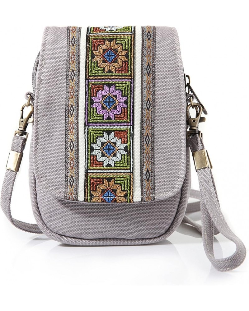 Embroidery Canvas Crossbody Bag Cell phone Pouch Coin Purse for Women A001 - Size Basic - Light Grey $9.40 Crossbody Bags