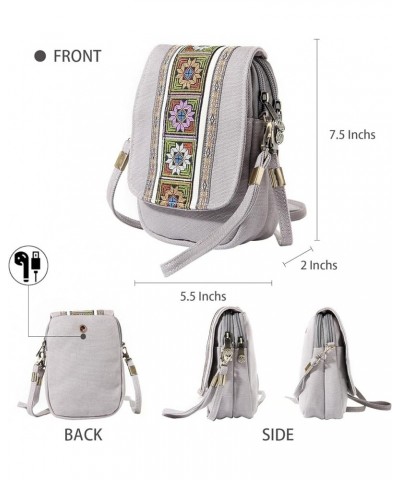 Embroidery Canvas Crossbody Bag Cell phone Pouch Coin Purse for Women A001 - Size Basic - Light Grey $9.40 Crossbody Bags