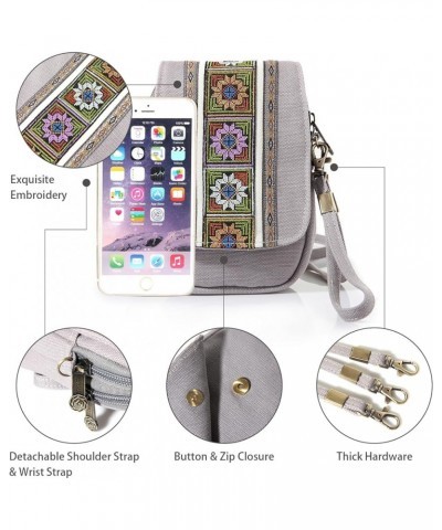 Embroidery Canvas Crossbody Bag Cell phone Pouch Coin Purse for Women A001 - Size Basic - Light Grey $9.40 Crossbody Bags