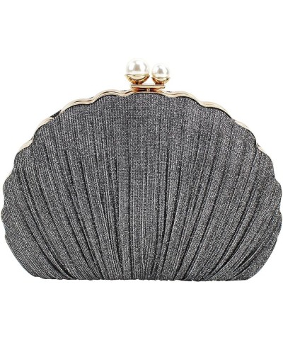 Seashell Shape Purse Sequins Leather Crossbody Shoulder Bag Mini Chain Purse Pleated-dark Grey $20.99 Evening Bags