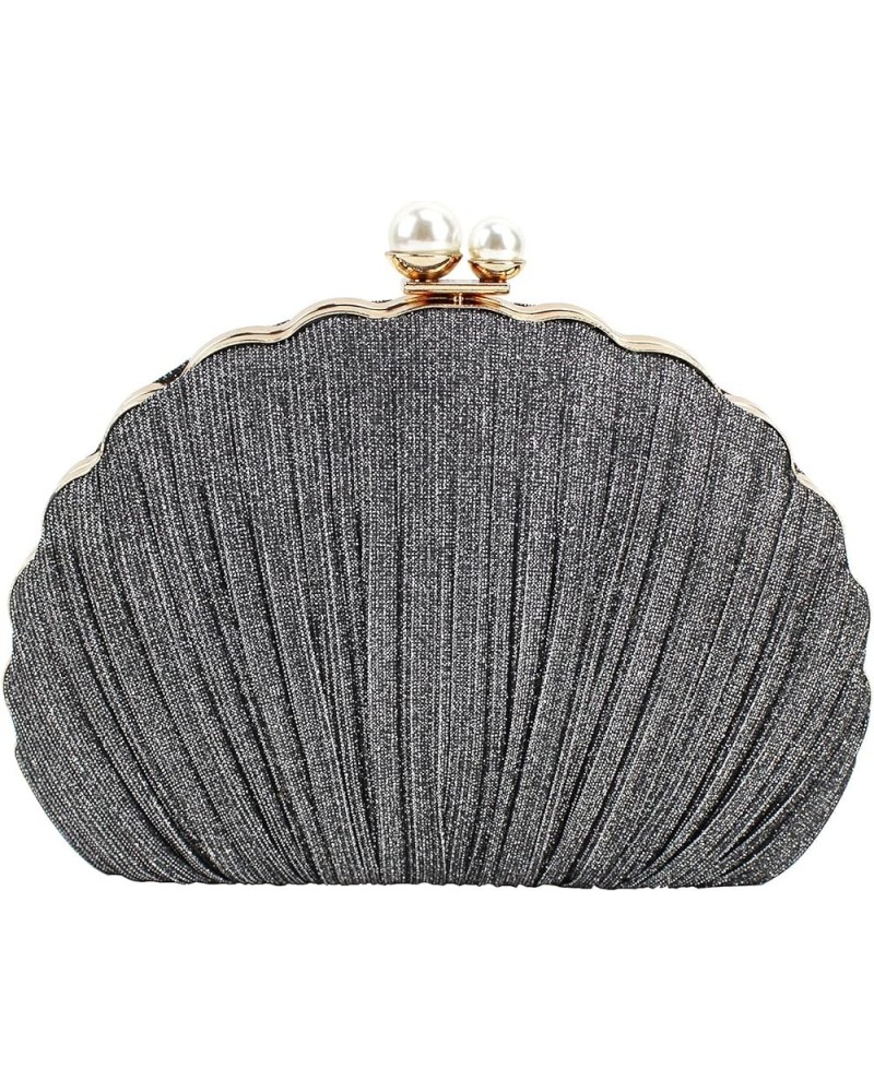 Seashell Shape Purse Sequins Leather Crossbody Shoulder Bag Mini Chain Purse Pleated-dark Grey $20.99 Evening Bags