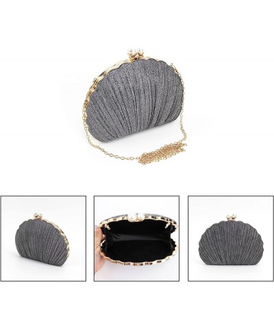 Seashell Shape Purse Sequins Leather Crossbody Shoulder Bag Mini Chain Purse Pleated-dark Grey $20.99 Evening Bags