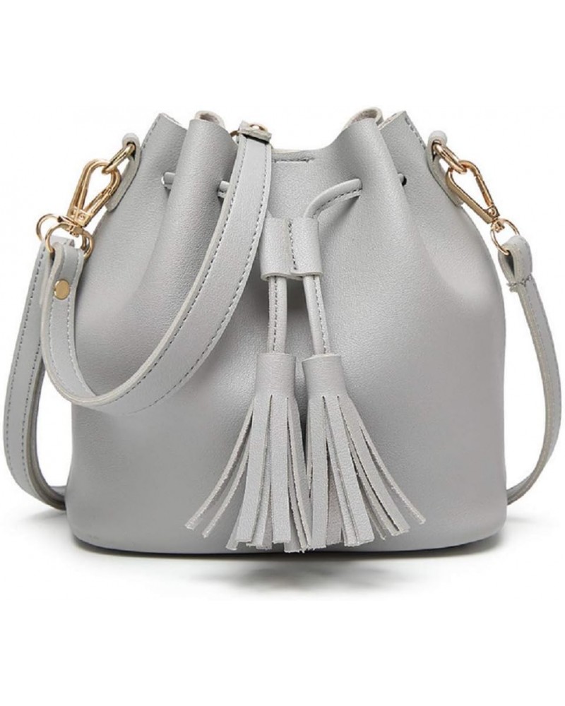 Womens Mini Bucket Bag Leather Drawstring Purse Tassel Crossbody Shoulder Bag Grey $11.12 Shoulder Bags