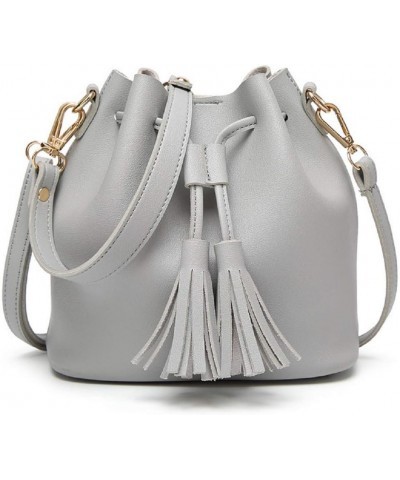 Womens Mini Bucket Bag Leather Drawstring Purse Tassel Crossbody Shoulder Bag Grey $11.12 Shoulder Bags