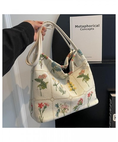 Coquette Hobo Bag for Women Canvas Aesthetic Tote Bag Fashion Floral Embroidered Shoulder Handbag With Buckle Closure White $...