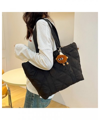 Down Tote Handbag Versatile Soft Satchel Bag Top Handle Bag Women Quilted Shoulder Bag with Pendant Winter Commuting B Black ...