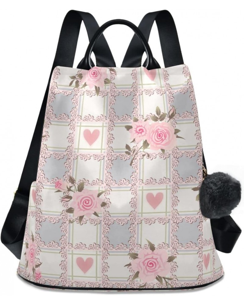 Checkered with Pink Roses Women Backpack Purse Anti-theft Travel Backpack Fashion Shoulder Handbag $20.00 Backpacks