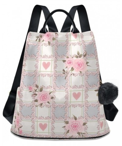 Checkered with Pink Roses Women Backpack Purse Anti-theft Travel Backpack Fashion Shoulder Handbag $20.00 Backpacks