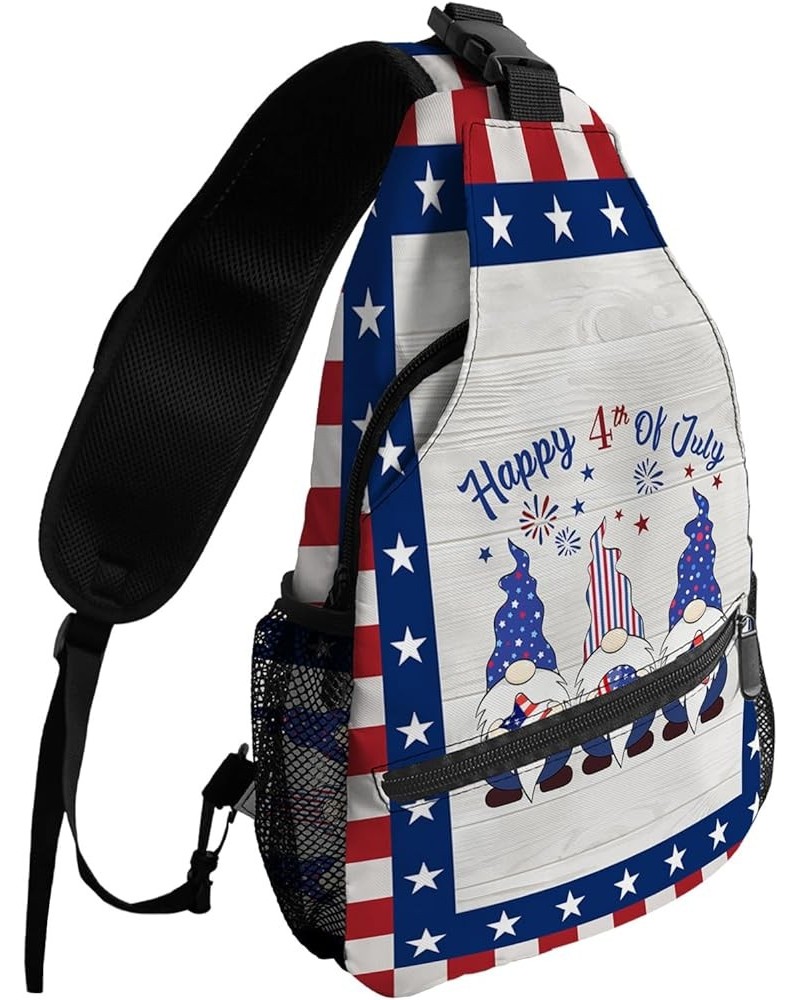 Sling Backpack, Cute Gnome Patriotic Star 4th of July American Flag Waterproof Lightweight Small Sling Bag, Travel Chest Bag ...