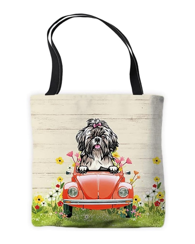 Puppy Canvas Tote Bag Peeking Dog Shih Tzu in Red Retro Car Surrounding with Colorful Flowers Spring Summer Bags Shih Tzu-2 $...