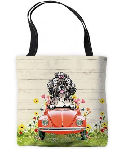 Puppy Canvas Tote Bag Peeking Dog Shih Tzu in Red Retro Car Surrounding with Colorful Flowers Spring Summer Bags Shih Tzu-2 $...