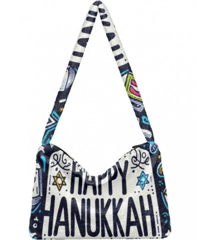 Ladies Soft Plush Underarm Bag Happy-hanukkah-blue-menorah Fluffy Shoulder Bag Women Furry Purse Handbag $15.68 Shoulder Bags