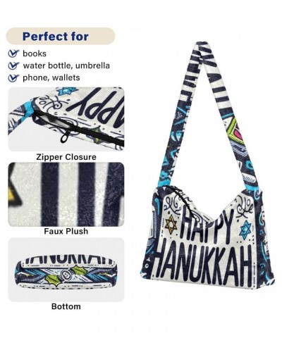 Ladies Soft Plush Underarm Bag Happy-hanukkah-blue-menorah Fluffy Shoulder Bag Women Furry Purse Handbag $15.68 Shoulder Bags