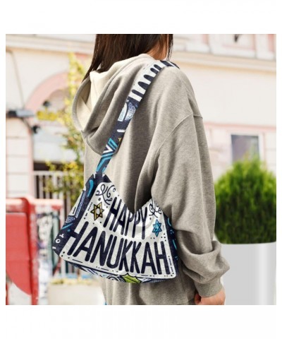 Ladies Soft Plush Underarm Bag Happy-hanukkah-blue-menorah Fluffy Shoulder Bag Women Furry Purse Handbag $15.68 Shoulder Bags