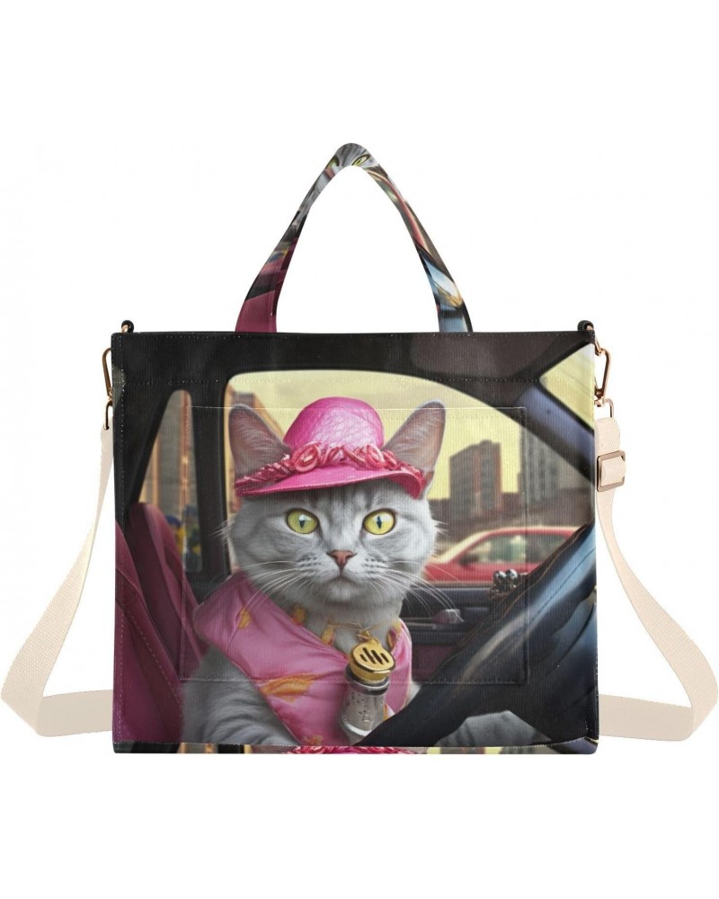 Pink Cat Driver Corduroy Tote Bag for Women Hobo Crossbody Bag Purse Stylish Shoulder Handbag Messenger Bags, S $12.21 Totes