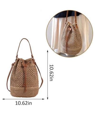 Bucket Straw Handbag, Handmade Tote Bag with Pearl Flower, Beach Woven Bag Rattan Basket Purse Drawstring for Women… B-brown ...