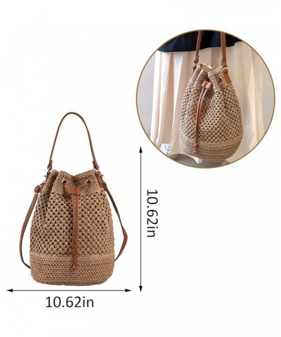 Bucket Straw Handbag, Handmade Tote Bag with Pearl Flower, Beach Woven Bag Rattan Basket Purse Drawstring for Women… B-brown ...