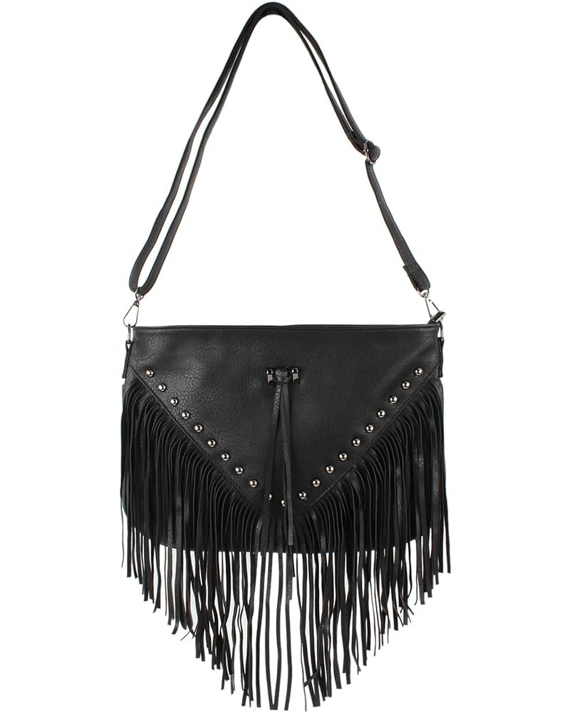 Faux Leather Fringe Hobo Bag Tassel Studed Cross Body Bag Shoulder Bag Cowgirl Purse 6802 Black $12.17 Hobo Bags